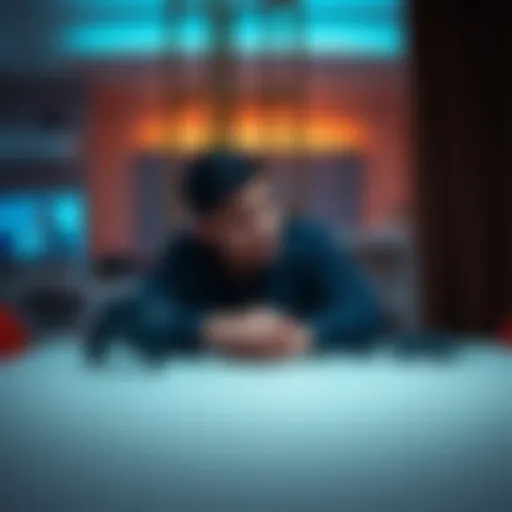 A man sitting alone at a table, looking contemplative with a gaming console beside him, reflecting on the impact of gaming on his life and marriage.