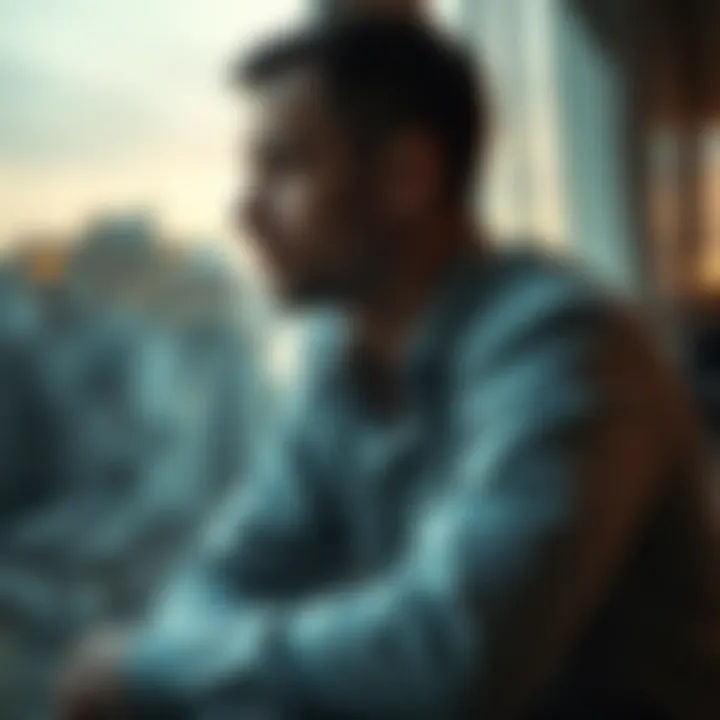 Man reflecting on life struggles A man sitting alone with a pensive expression, looking out a window while contemplating his challenges after financial loss.