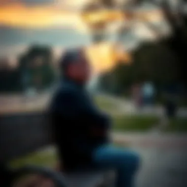 A 50-year-old man sitting alone on a park bench, looking thoughtful and contemplative as he reflects on his struggles and losses, with a distant gaze towards the horizon.