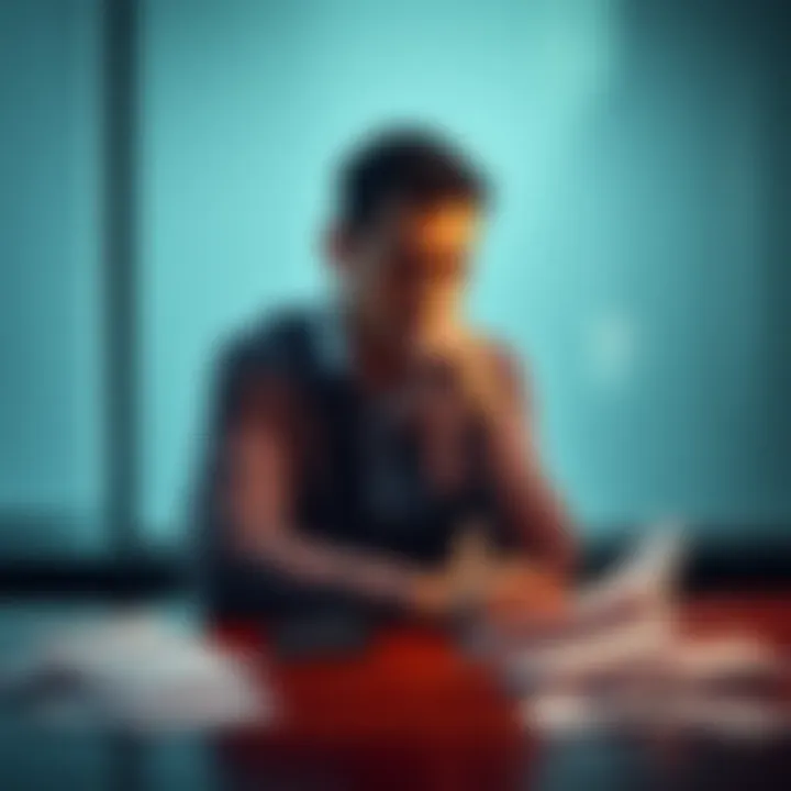 A man sitting alone at a table looking thoughtful, surrounded by betting slips and a calculator, representing the emotional struggle after losing money in sports betting.