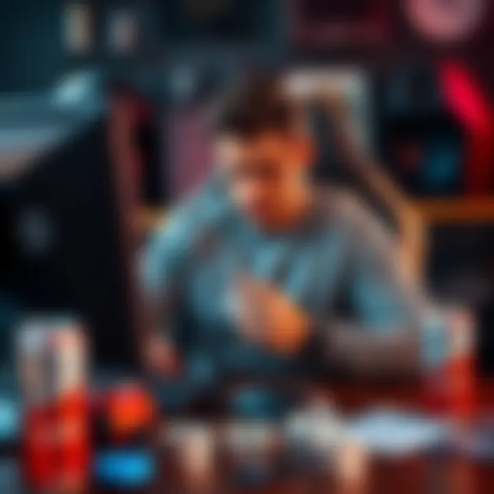 A man in his 30s looking distressed while sitting at a computer, surrounded by gaming paraphernalia and empty energy drink cans, reflecting on his gambling losses.