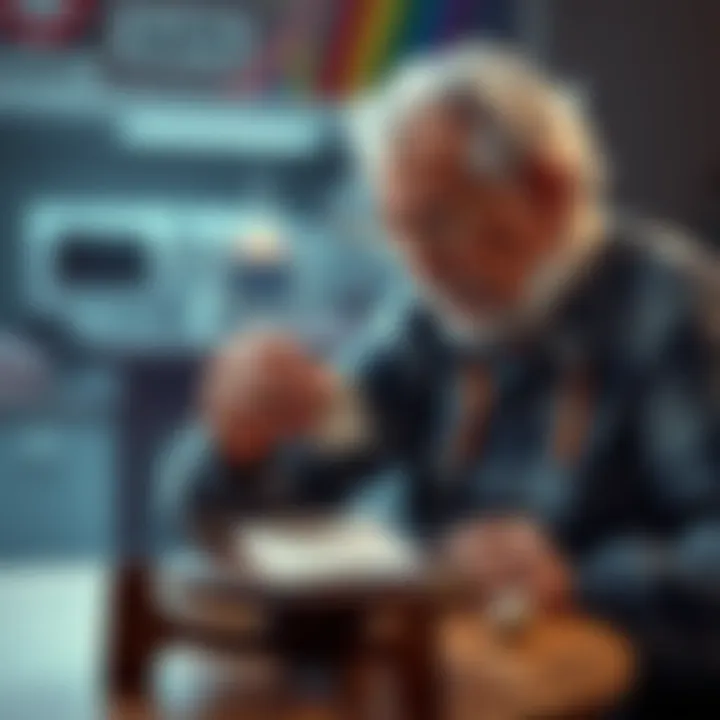 A 64-year-old man focused on scratching a lottery ticket at a small table, reflecting on his journey after loss.