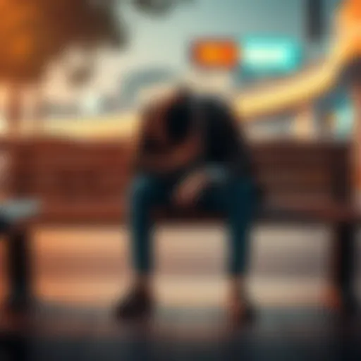 A man sitting on a bench with his head down, looking distressed, symbolizing his struggle after losing money in gambling.