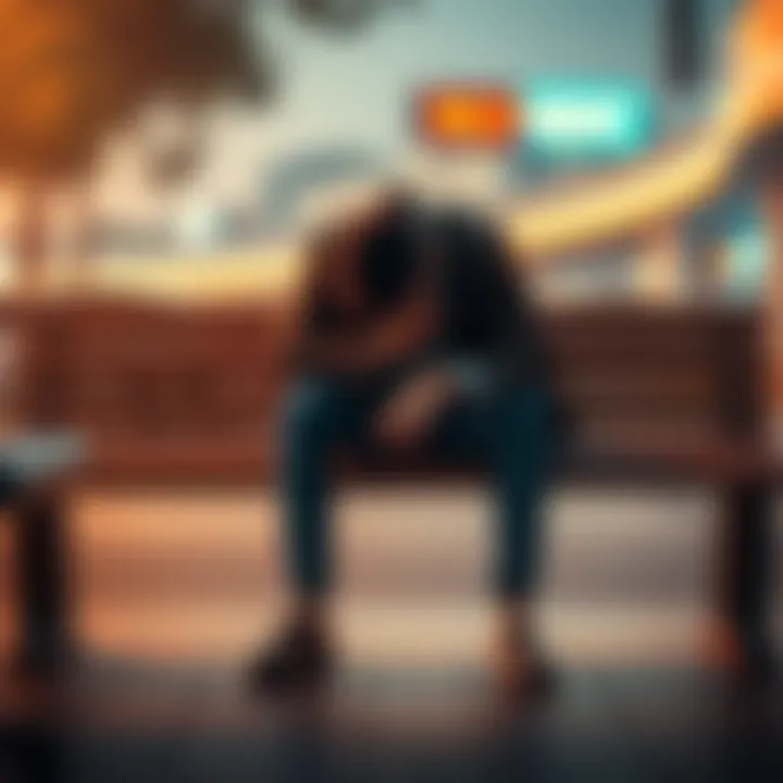 Man Seeking Help After Losing Money in Gambling A man sitting on a bench with his head down, looking distressed, symbolizing his struggle after losing money in gambling.