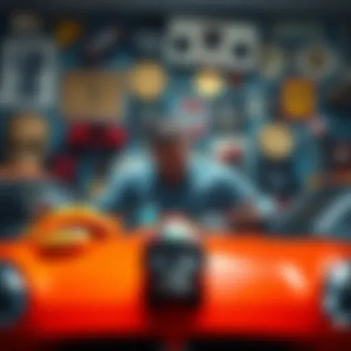 A man surrounded by sports cars and collectible items, looking stressed as he prepares to sell them to improve his finances.