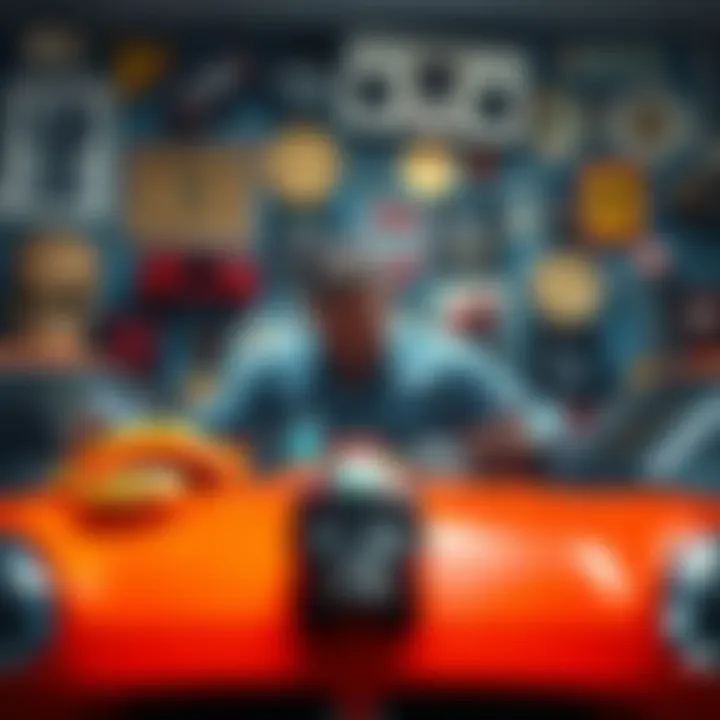 A man surrounded by sports cars and collectible items, looking stressed as he prepares to sell them to improve his finances.