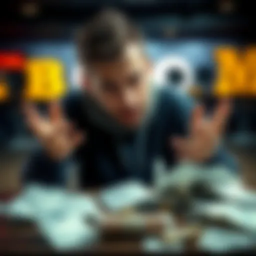 A man looking frustrated while discussing his losses from an online betting site. Papers and bills are scattered around him, showing financial strain.