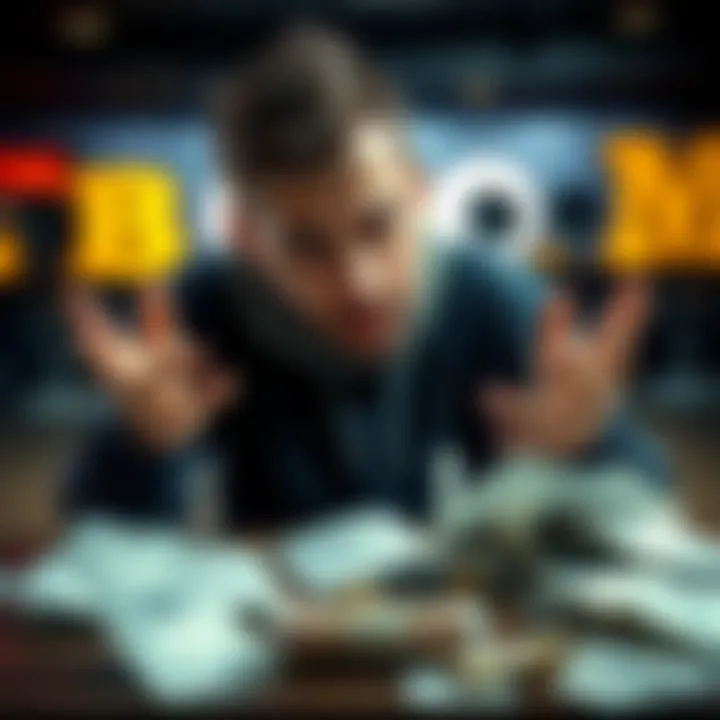 A man looking frustrated while discussing his losses from an online betting site. Papers and bills are scattered around him, showing financial strain.