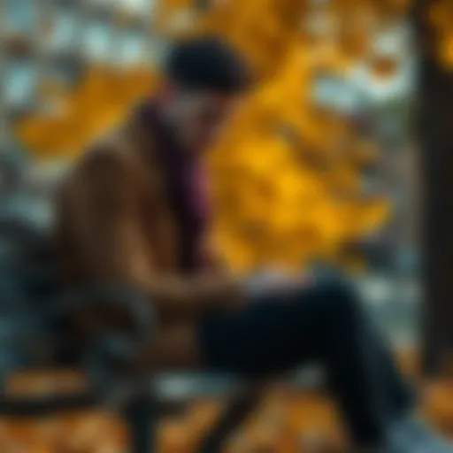 A man with a worried expression sits on a park bench, surrounded by autumn leaves, showing deep sadness and loss of hope.