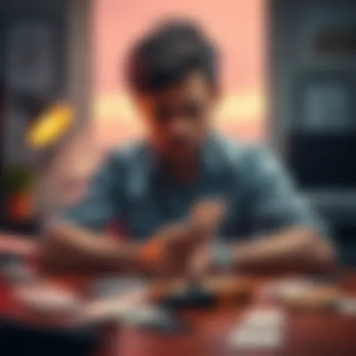 A 29-year-old man sitting at a desk, looking distressed with bills and credit cards scattered around, symbolizing financial struggle due to gaming addiction.