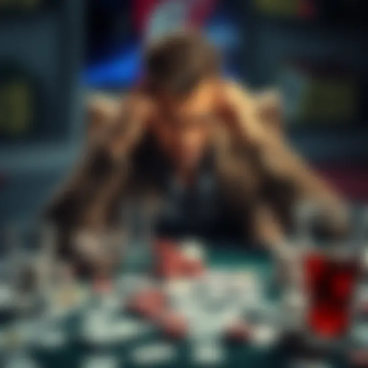 Man Struggling with Gambling Addiction A man looking distressed, seated at a table cluttered with playing cards and empty drink glasses, contemplating his financial losses and personal struggles.