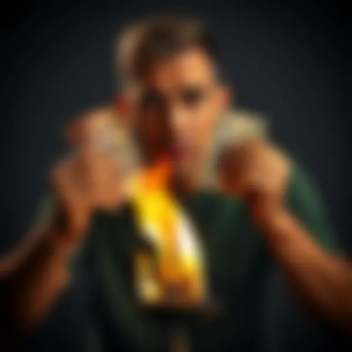 A man holding two banknotes over a small flame, looking surprised as the fire ignites the money