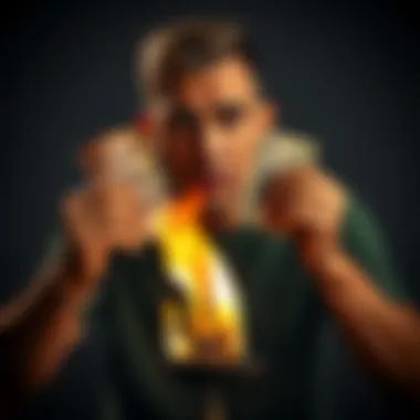 Man Burning Money A man holding two banknotes over a small flame, looking surprised as the fire ignites the money