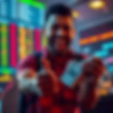 A man with a big smile holding cash and looking at a betting screen, symbolizing excitement from a large gambling win.