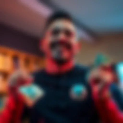 A man smiling and holding cash in one hand while celebrating his lottery win after a tough day