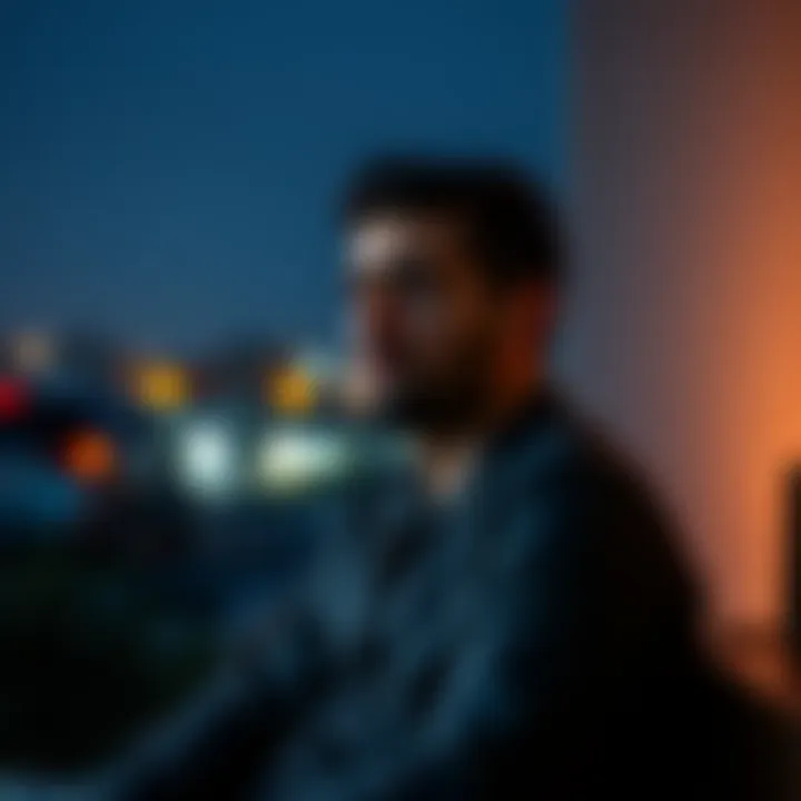 A 30-year-old man sitting alone, looking reflective with a worried expression as he thinks about his struggles with addiction and debt.