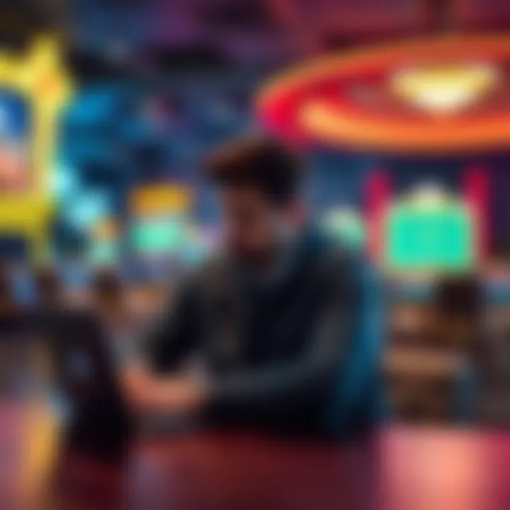 A man contemplating his options A solitary man sits at a table, looking at a laptop showing an online casino while a physical casino can be seen in the background. He appears thoughtful, weighing his choices between online gambling ...