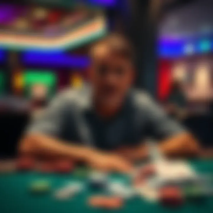 A 32-year-old man with a worried expression sits at a casino table surrounded by chips and cards, reflecting on his struggles with gambling addiction and debt.