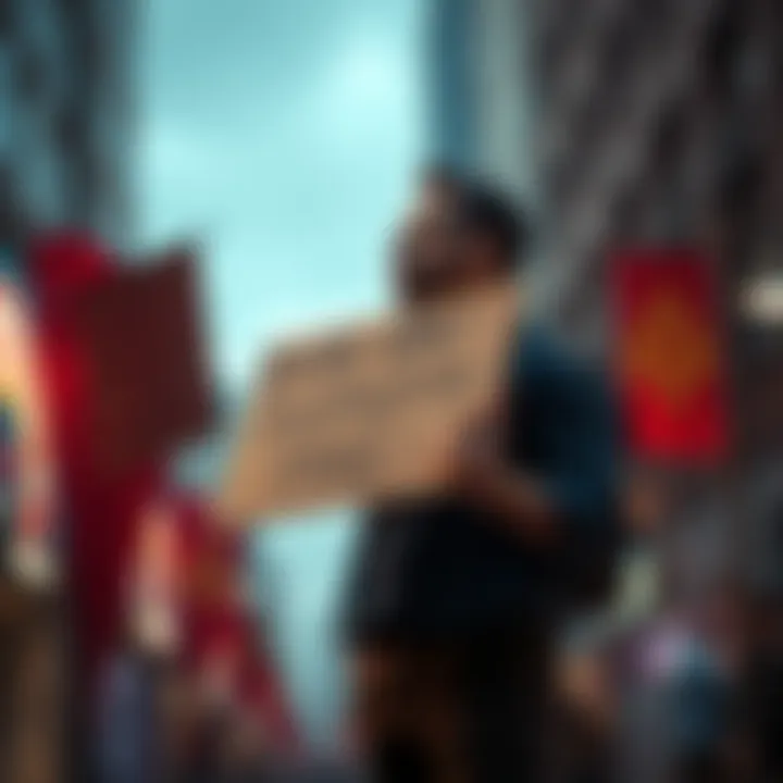 A man stands determined, holding a protest sign against wealthy companies avoiding taxes, symbolizing the fight against gambling addiction and economic disparity.
