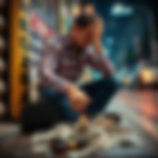 A man sitting on a curb with his head in his hands, surrounded by bills and a broken wallet, showing despair after losing money in gambling and risky investments.