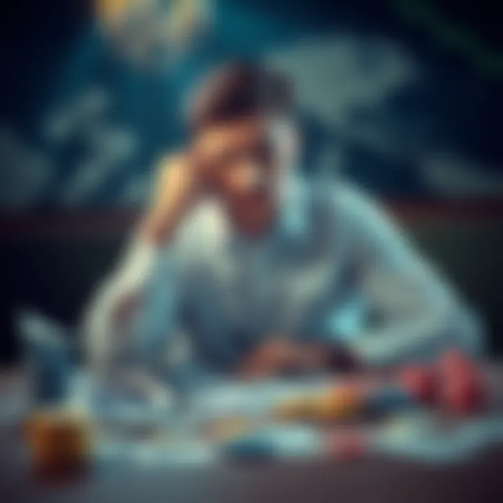 A man sitting at a table, looking worried with bills and gambling chips scattered around, deep in thought about his financial situation.