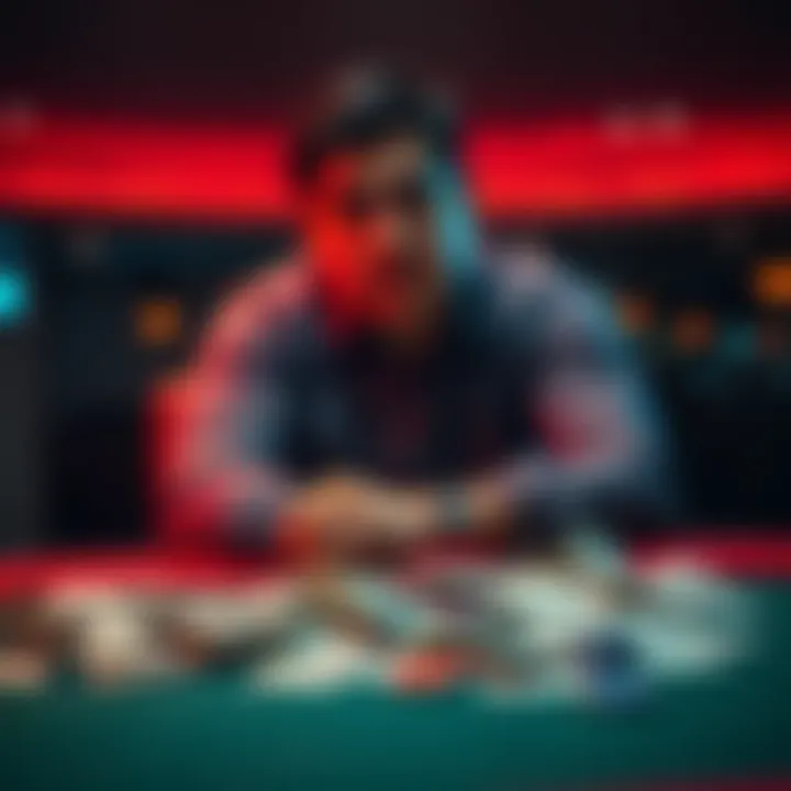 A man sits alone at a table, looking distressed, with bills and gambling chips scattered around him, symbolizing his loss and struggle with addiction.