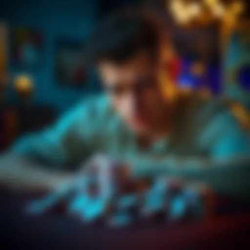 A man sitting at a table, staring at a pile of gambling chips with a troubled expression, symbolizing the struggle between winning and losing in gambling