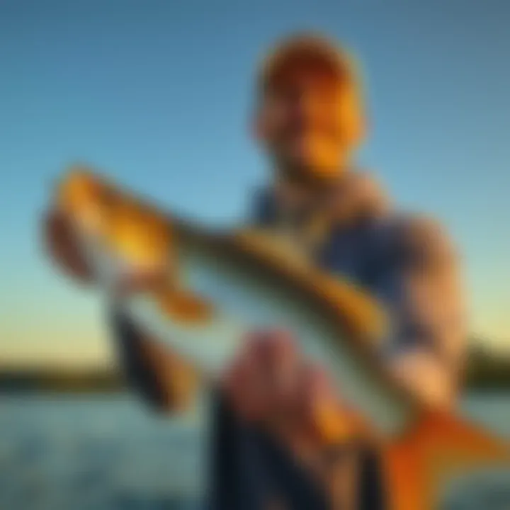 A man smiles while holding a freshly caught fish, showcasing his love for fishing.