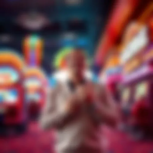 A man standing inside a vibrant Las Vegas casino, looking excited as he holds a stack of casino chips in his hands.