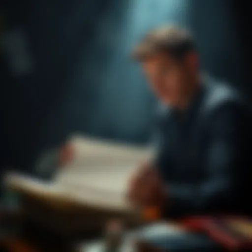 A man curiously examining hidden documents on a table, surrounded by shadows