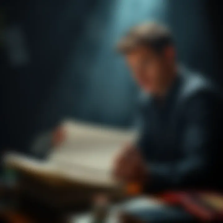 A man curiously examining hidden documents on a table, surrounded by shadows