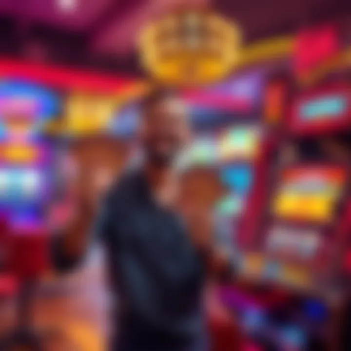 Man celebrating lottery win A man smiling while holding lottery scratch-off tickets and a casino slot machine nearby