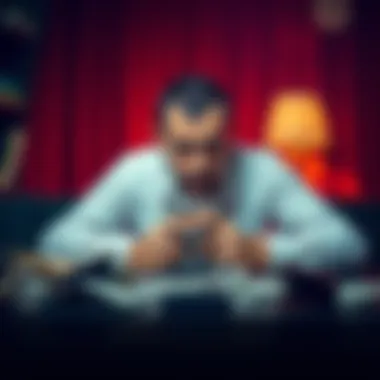 A man sitting at a table with bills and empty wallets, looking distressed and worried about his financial situation due to gambling addiction.