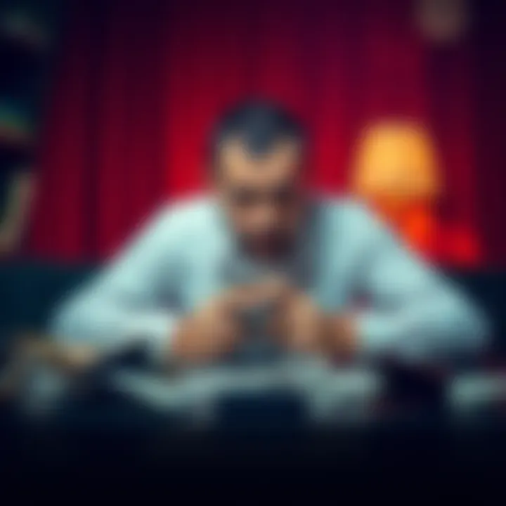 A man sitting at a table with bills and empty wallets, looking distressed and worried about his financial situation due to gambling addiction.