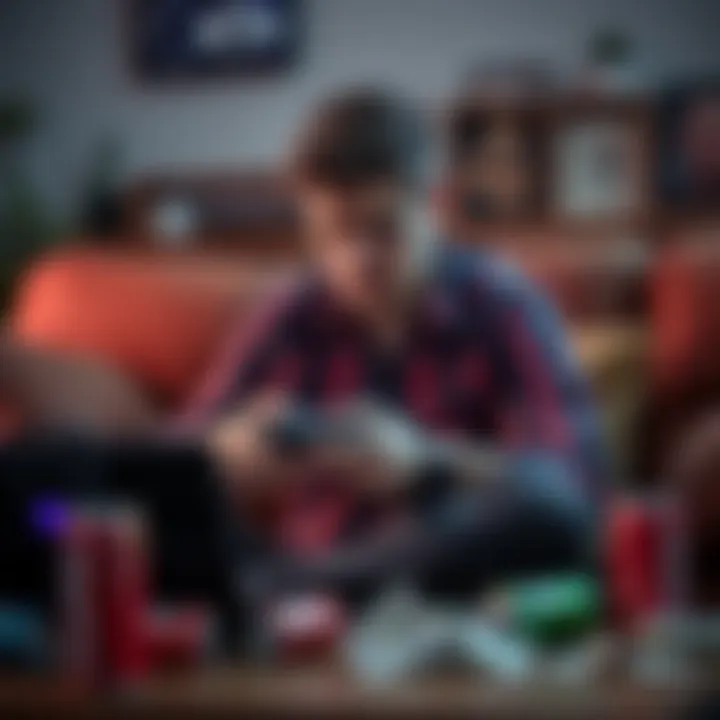 A stressed man sitting on a couch with a gaming console, looking tired and overwhelmed, surrounded by bills and empty energy drink cans.