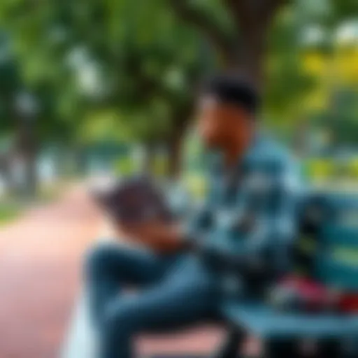 A man sitting alone on a park bench, looking thoughtful while holding a therapy book and a coffee cup. He appears determined and ready to change his life.