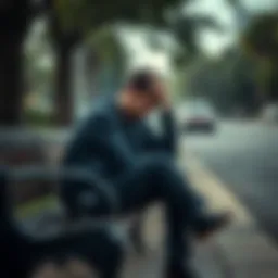 A man with a tired expression sitting on a park bench, holding his head in his hands, embodying the struggle of addiction and recovery.