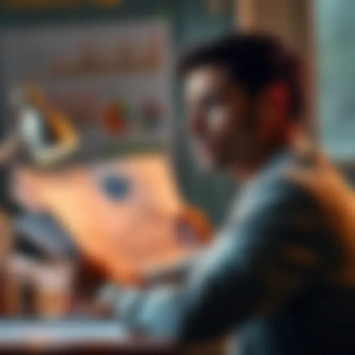 A 35-year-old man sits at a desk, looking thoughtfully at financial charts and documents, showing signs of worry and determination to change his investment approach.