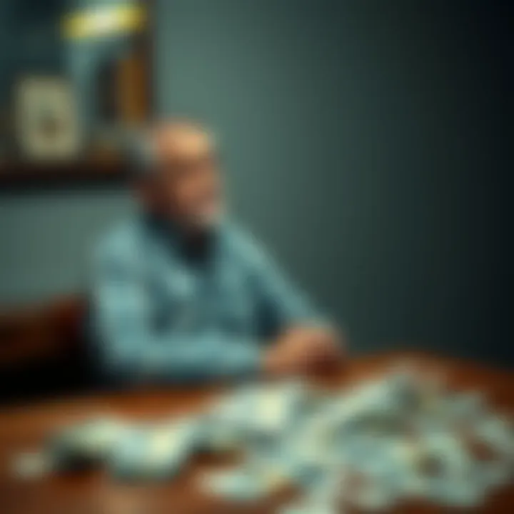 A middle-aged man sitting alone at a table, looking worried with bills scattered around him, symbolizing financial dependency and emotional stress.