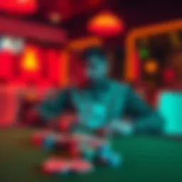 A man sits alone at a table with cards and chips, looking pensive and lost in thought, symbolizing the emotional struggle of gambling addiction.