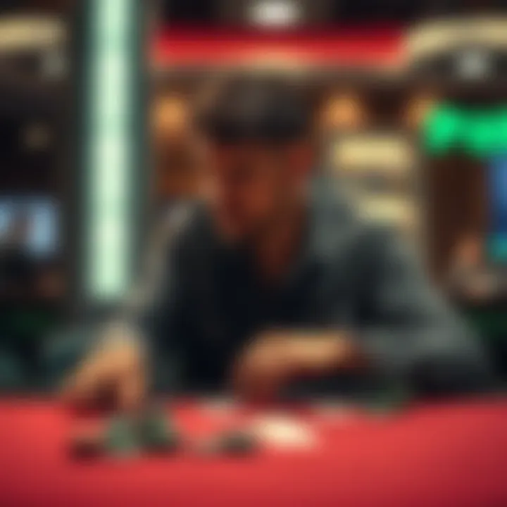 A 52-year-old man sitting alone at a table with poker chips and cards, looking thoughtful and serious as he contemplates his past with gambling.