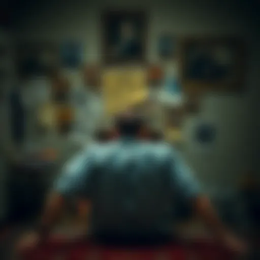 A man sits alone, looking contemplative, surrounded by reminders of his past struggles with gambling as he seeks to rebuild his life.