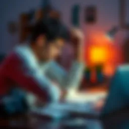 A young man sitting at a desk with his head in his hands, surrounded by financial documents and a laptop, illustrating struggle with financial loss and gaming addiction.