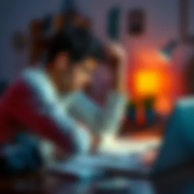 A young man sitting at a desk with his head in his hands, surrounded by financial documents and a laptop, illustrating struggle with financial loss and gaming addiction.