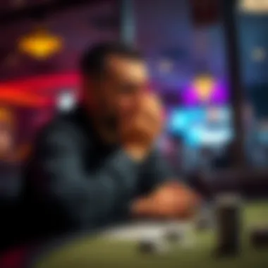 Man Reflecting on Gambling Loss A man sitting at a table with his head in his hands, looking distressed over gambling losses.