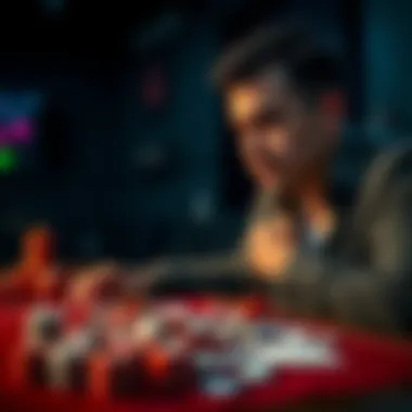 Man Reflecting on Gambling Past A 36-year-old man looks contemplatively at a table filled with dice and cards, symbolizing his struggle with gambling addiction and desire for change.
