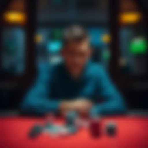 A man sits alone at a table, looking contemplative with gambling chips scattered in front of him, reflecting on his recent relapse after therapy.