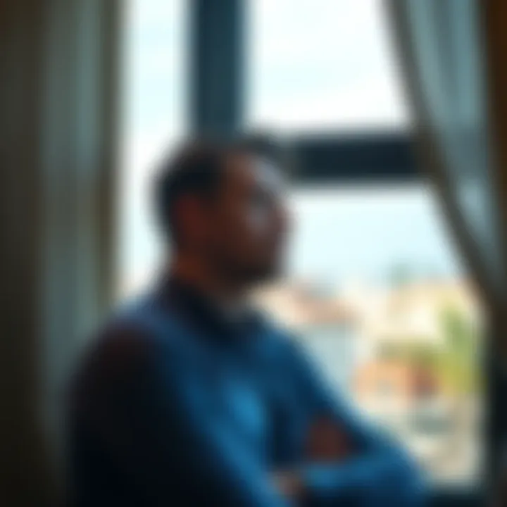 A 32-year-old man looks thoughtfully out a window, contemplating his decision to stop trading and gambling for a healthier family life.