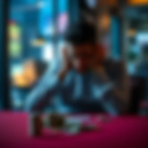 A man sitting alone at a table with his head in his hands, expressing sadness over financial loss due to gambling.
