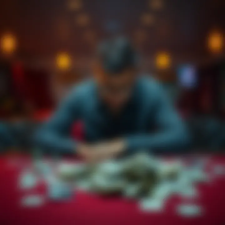 A man sits at a table with bills scattered around, looking down with a worried expression, symbolizing the stress of gambling addiction and emotional pain.